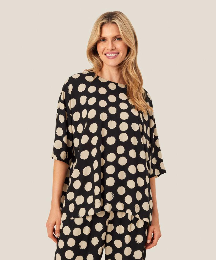 blouse en viscose à pois et col rond, Black