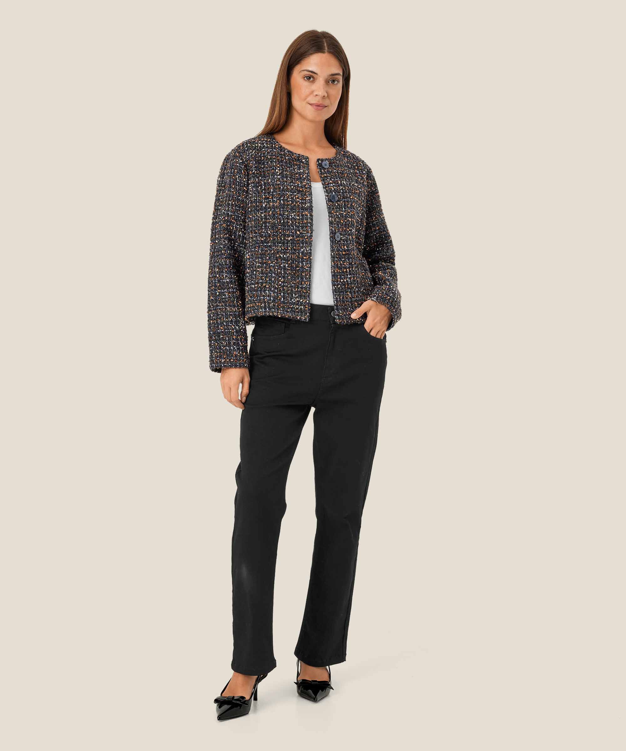 élégante veste bouclée à col rond, Black