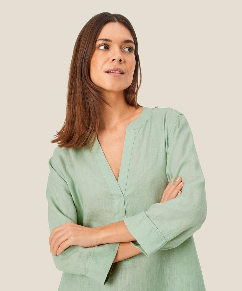robe en lin avec col en V et poches fendues, Frosty Green