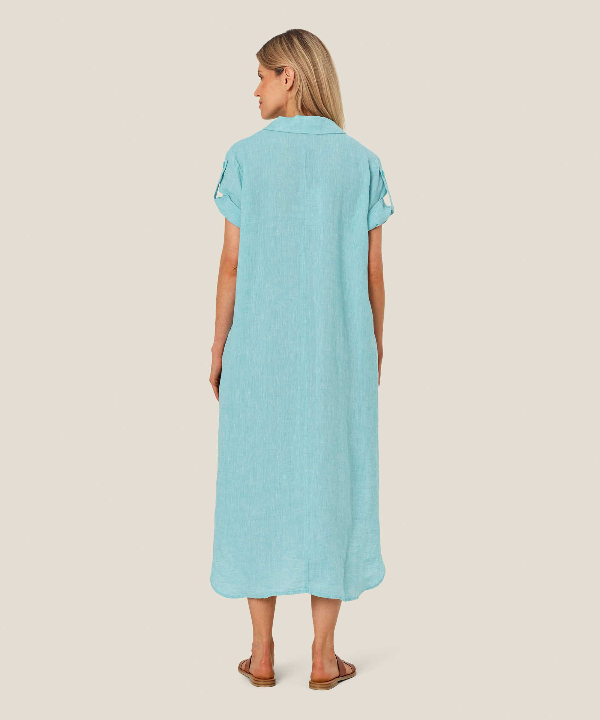 robe en lin avec poches fendues et fente latérale, Aqua