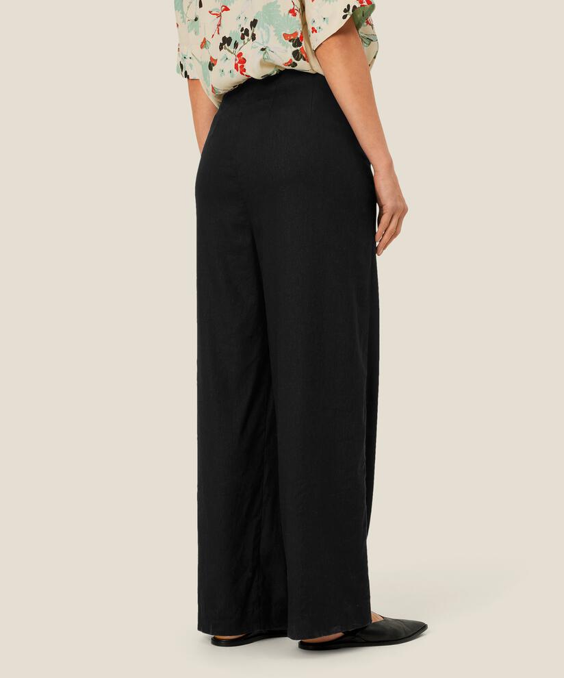 Pantalon en lin mélangé avec jambes larges et poches fendues, Black