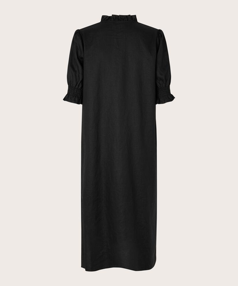 robe en lin à manches courtes et décolleté à volants, Black