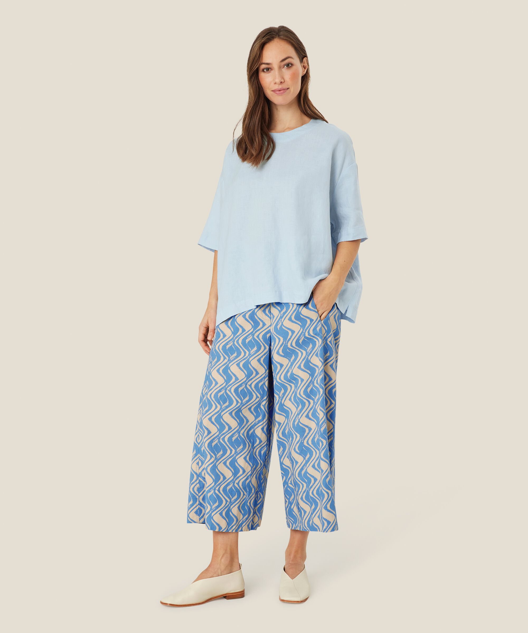 pantalon en coton imprimé à jambes larges, Blue Bonnet