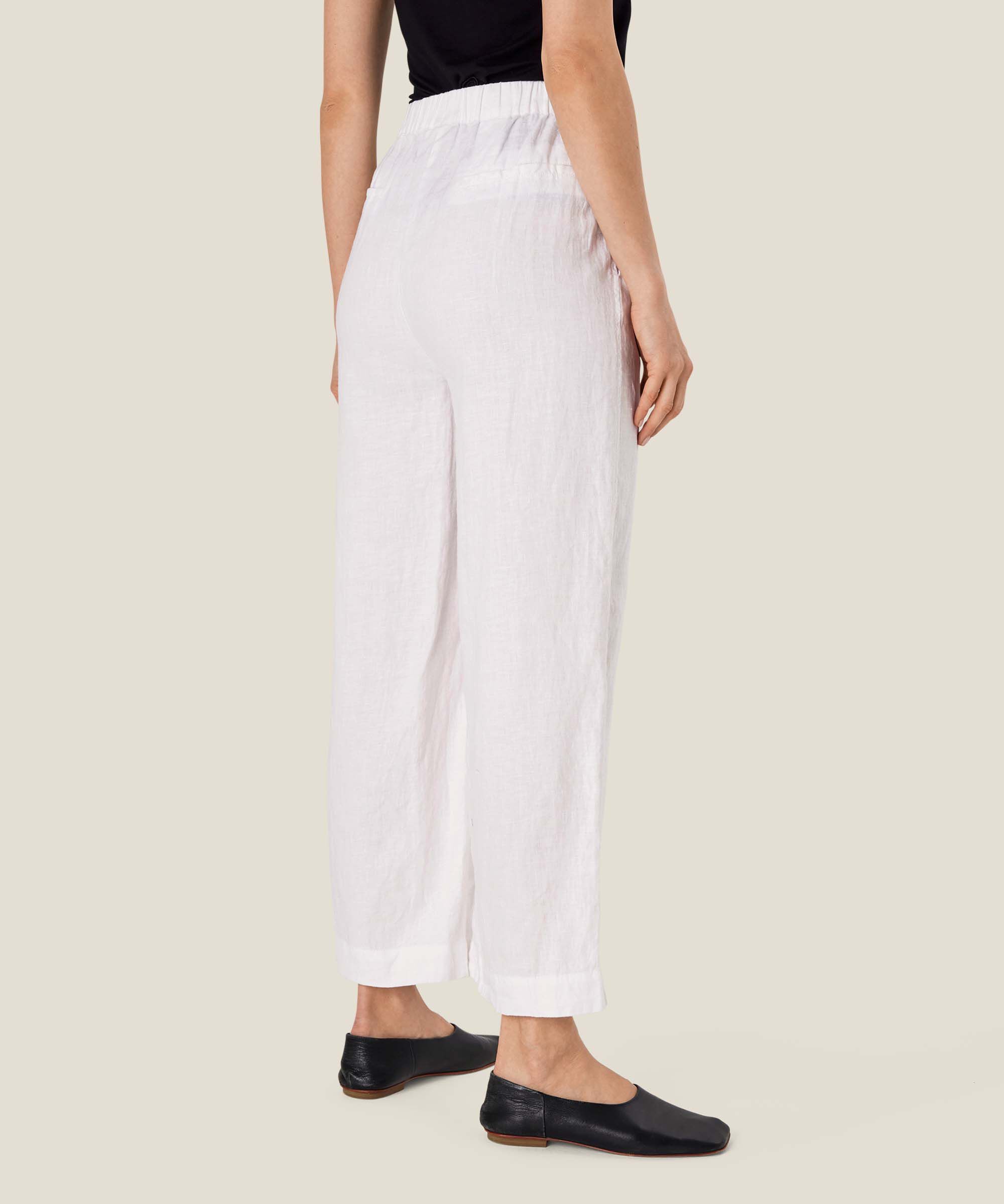 pantalon en lin à jambes larges et taille élastique, White