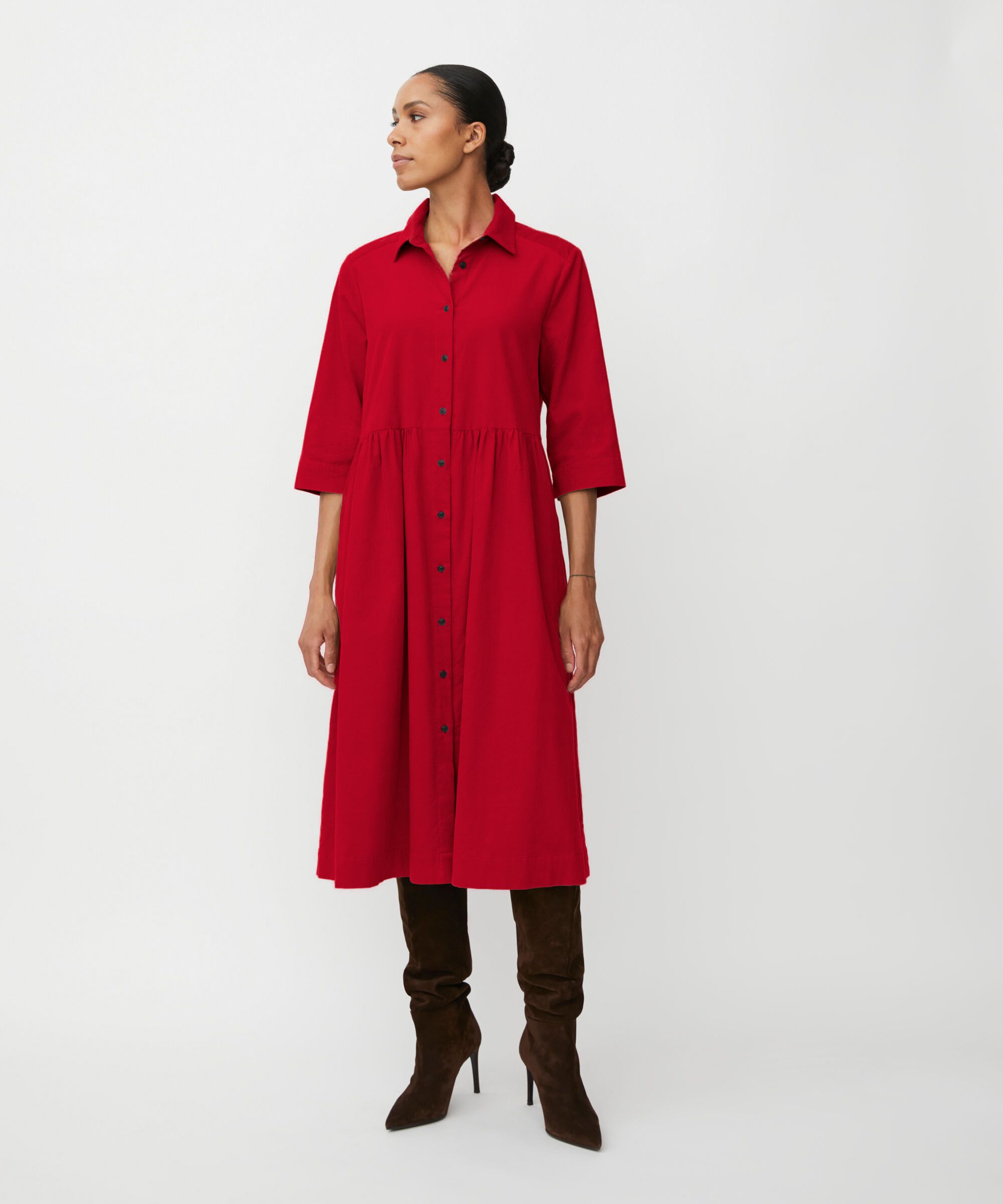 Robe Chemise En Velours À Manches 3/4, Scarlet Sage