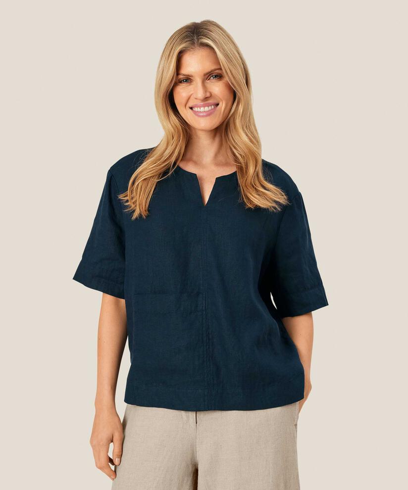 Blouse en lin avec poche avant, Navy