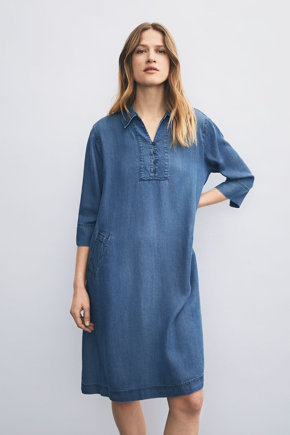 Robe en jean &agrave; col et poches fendues - Washed denim
