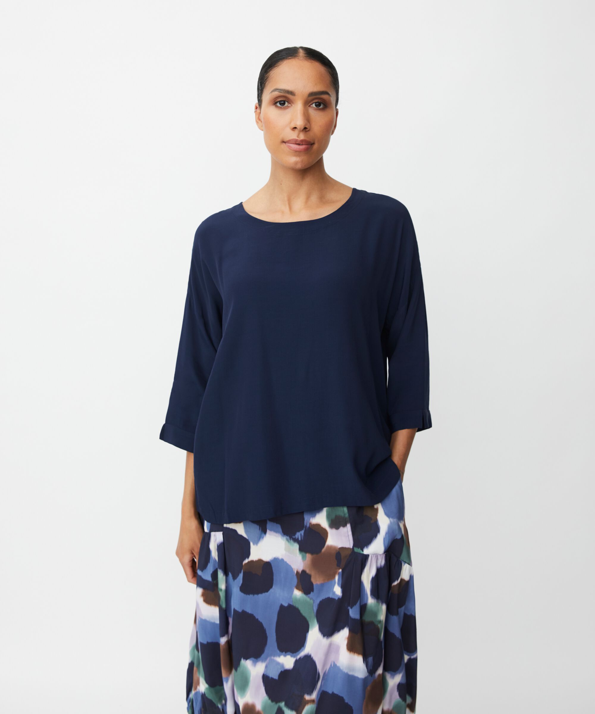Blouse En Viscose À Manches 3/4, Navy Blazer