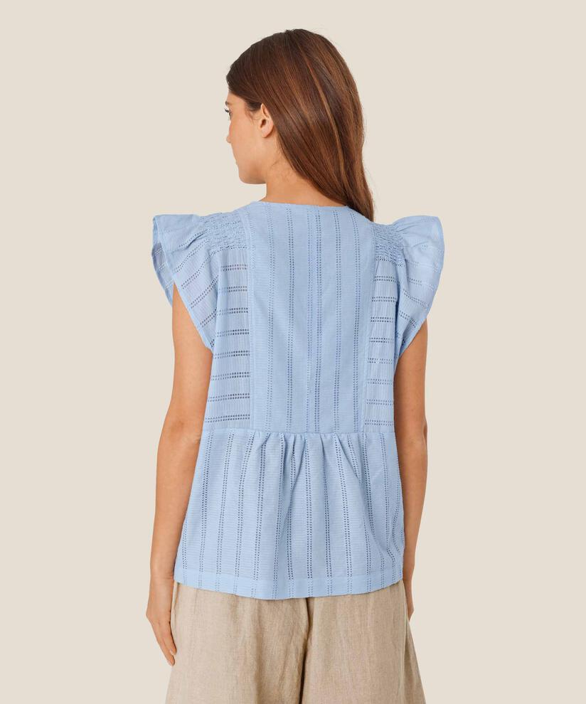 top en coton à motif creux avec col en V, Cel Blue