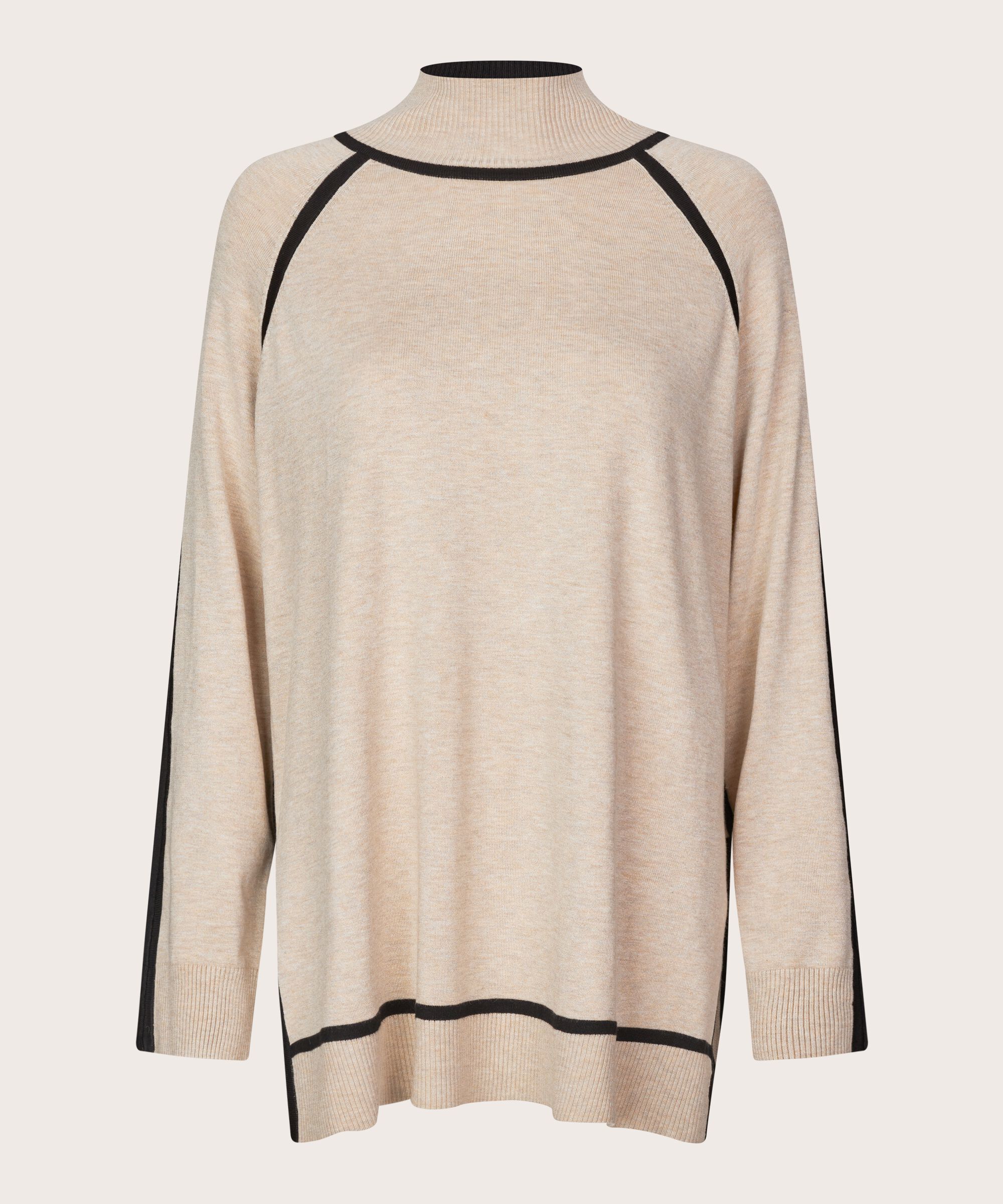 pull en maille à col montant avec détails contrastés, L beige mel