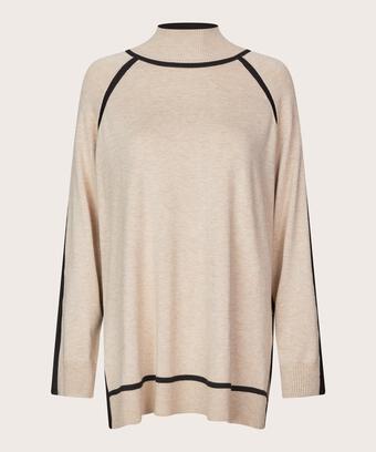 pull en maille à col montant avec détails contrastés, L beige mel