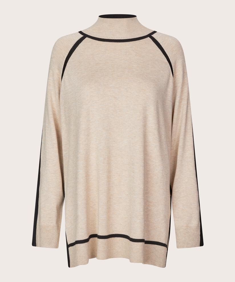 pull en maille à col montant avec détails contrastés, L beige mel