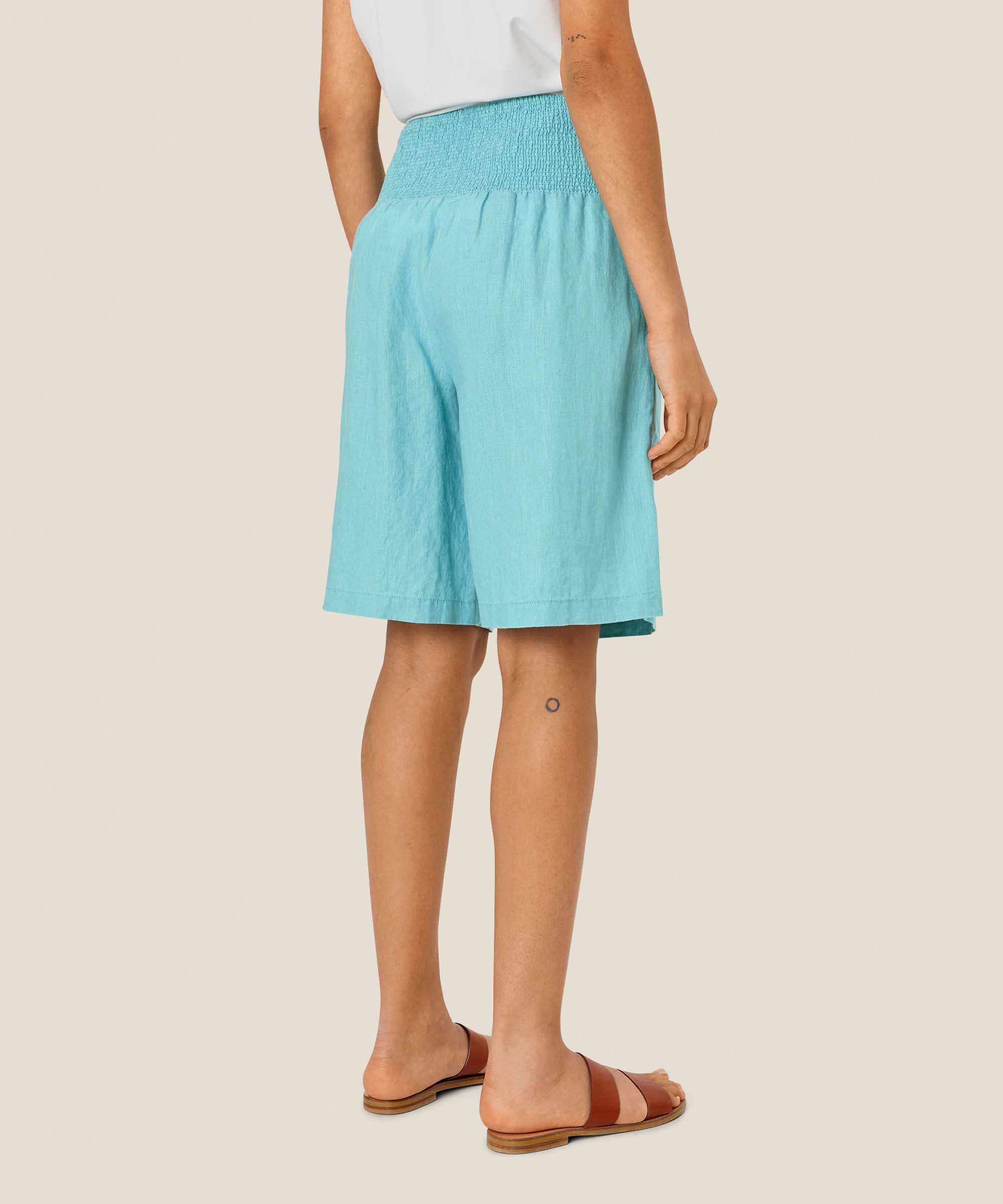Short En Lin Avec Élastique Smocké Au Dos, Aqua