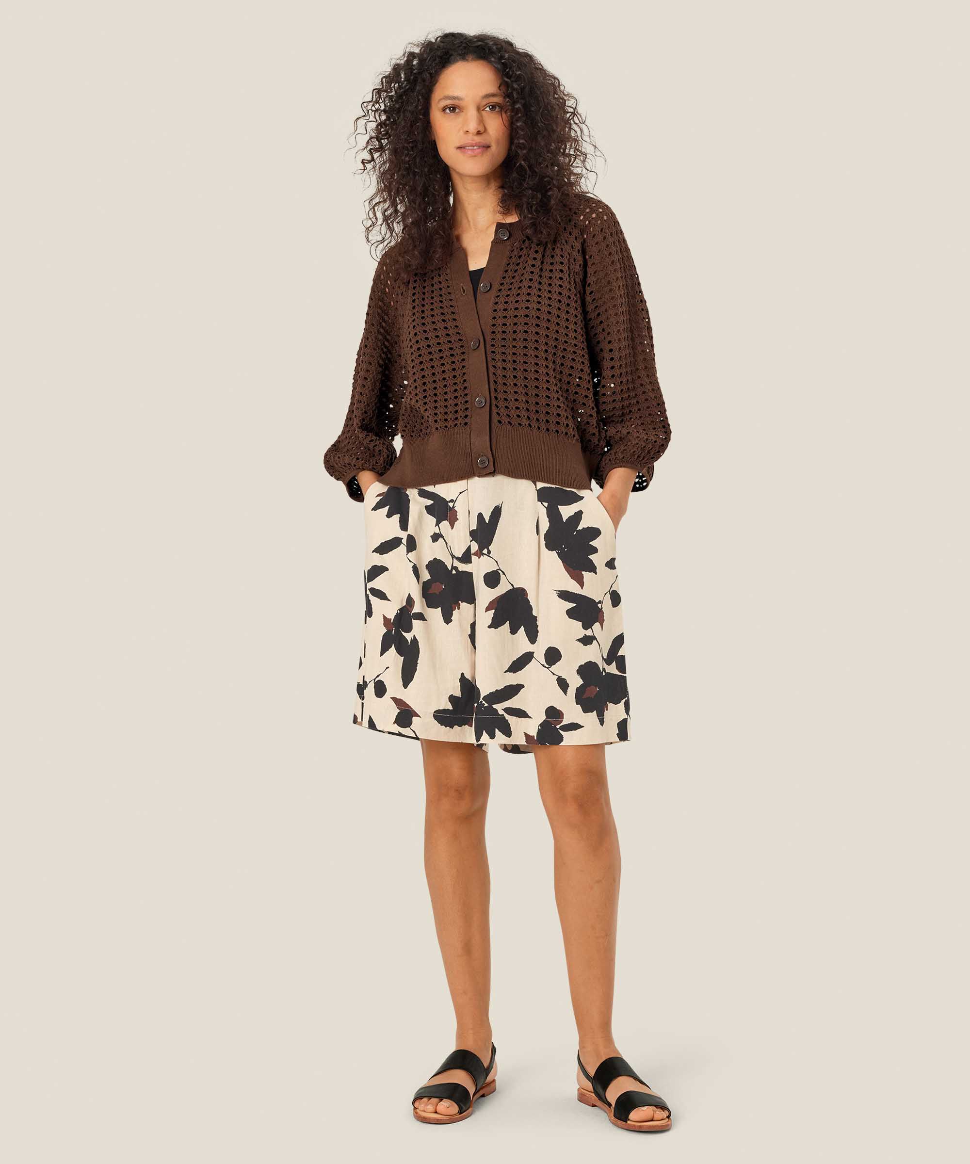 short en lin mélangé avec élastique au dos, Chestnut
