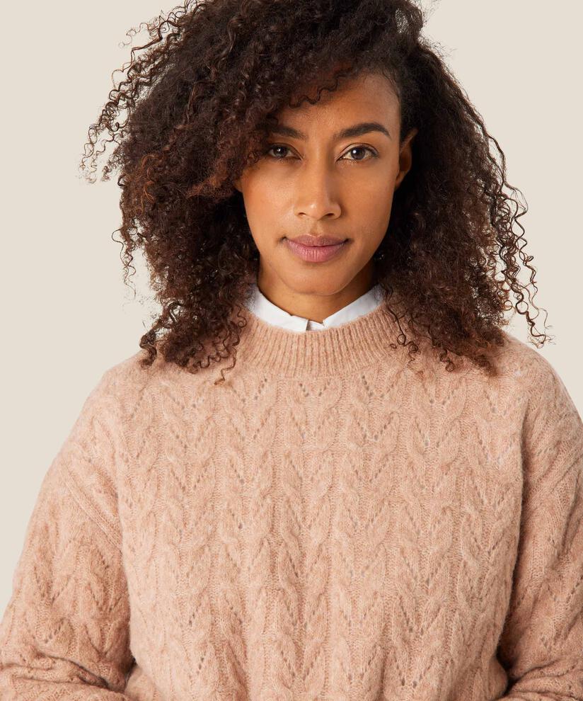 pull tricoté avec motif troué en laine mélangée, L beige mel
