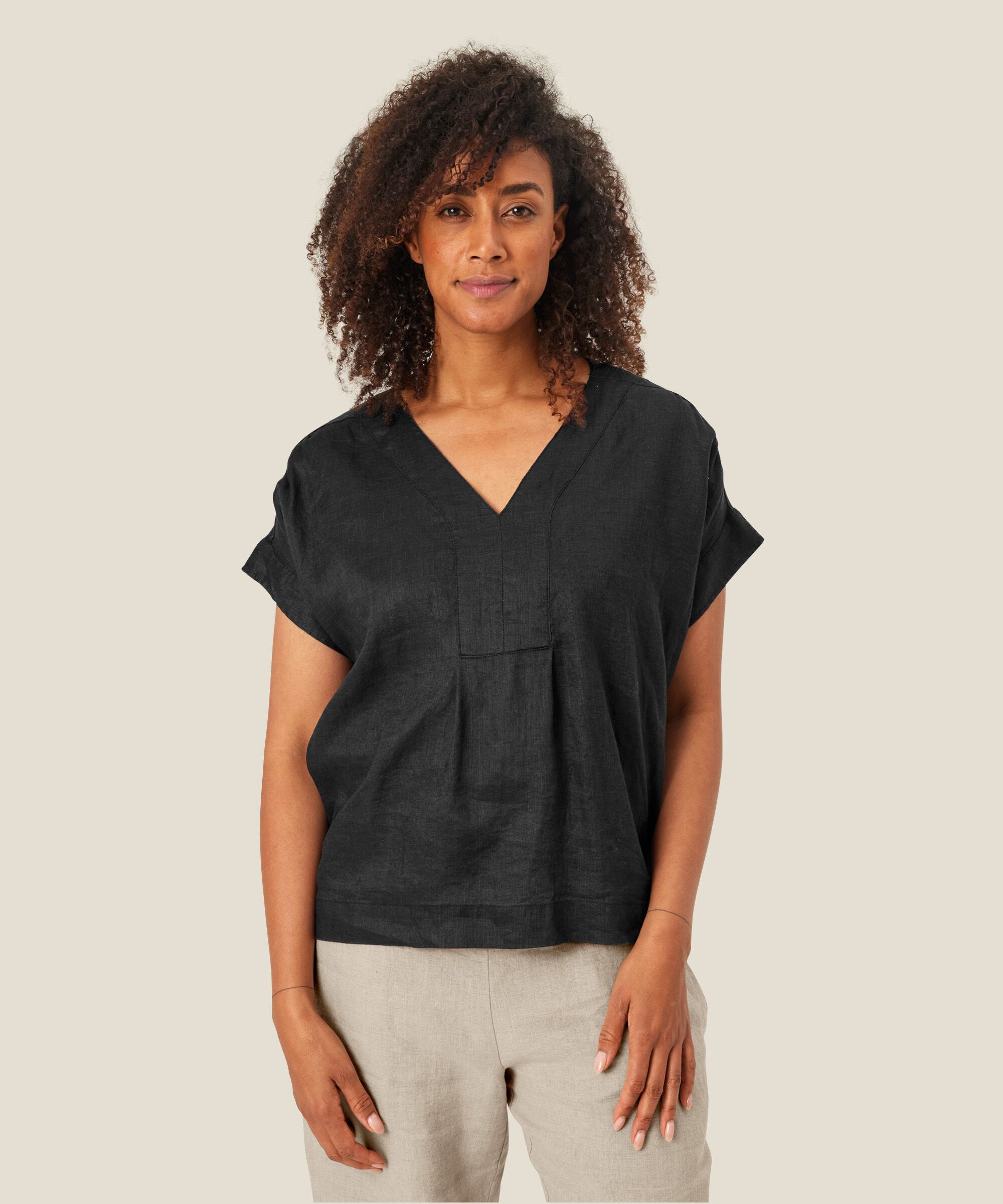 blouse manches courtes en lin, Black