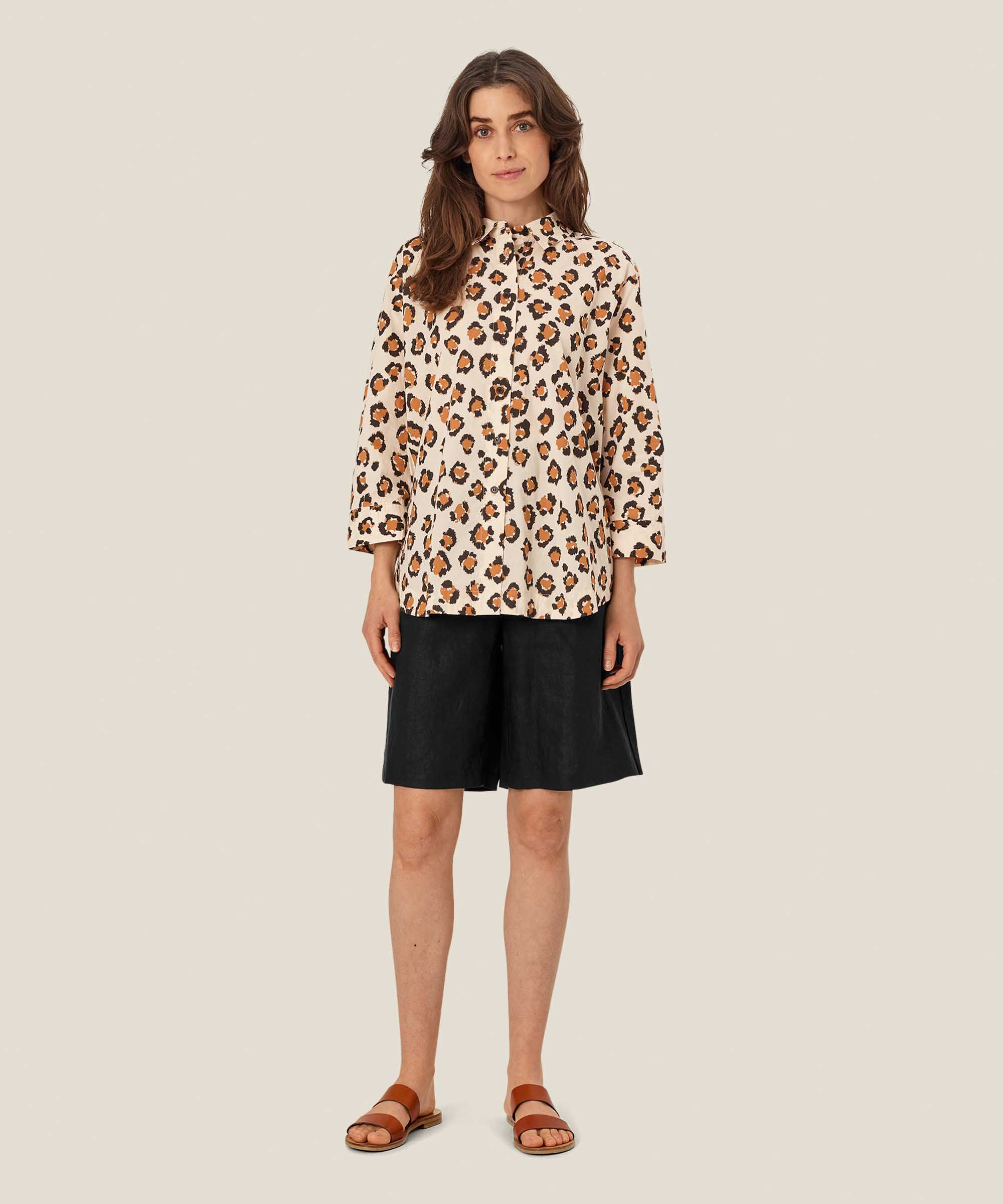 chemise en coton imprimé léopard à manches 3/4, Cashew