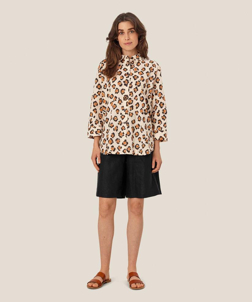chemise en coton imprimé léopard à manches 3/4, Cashew