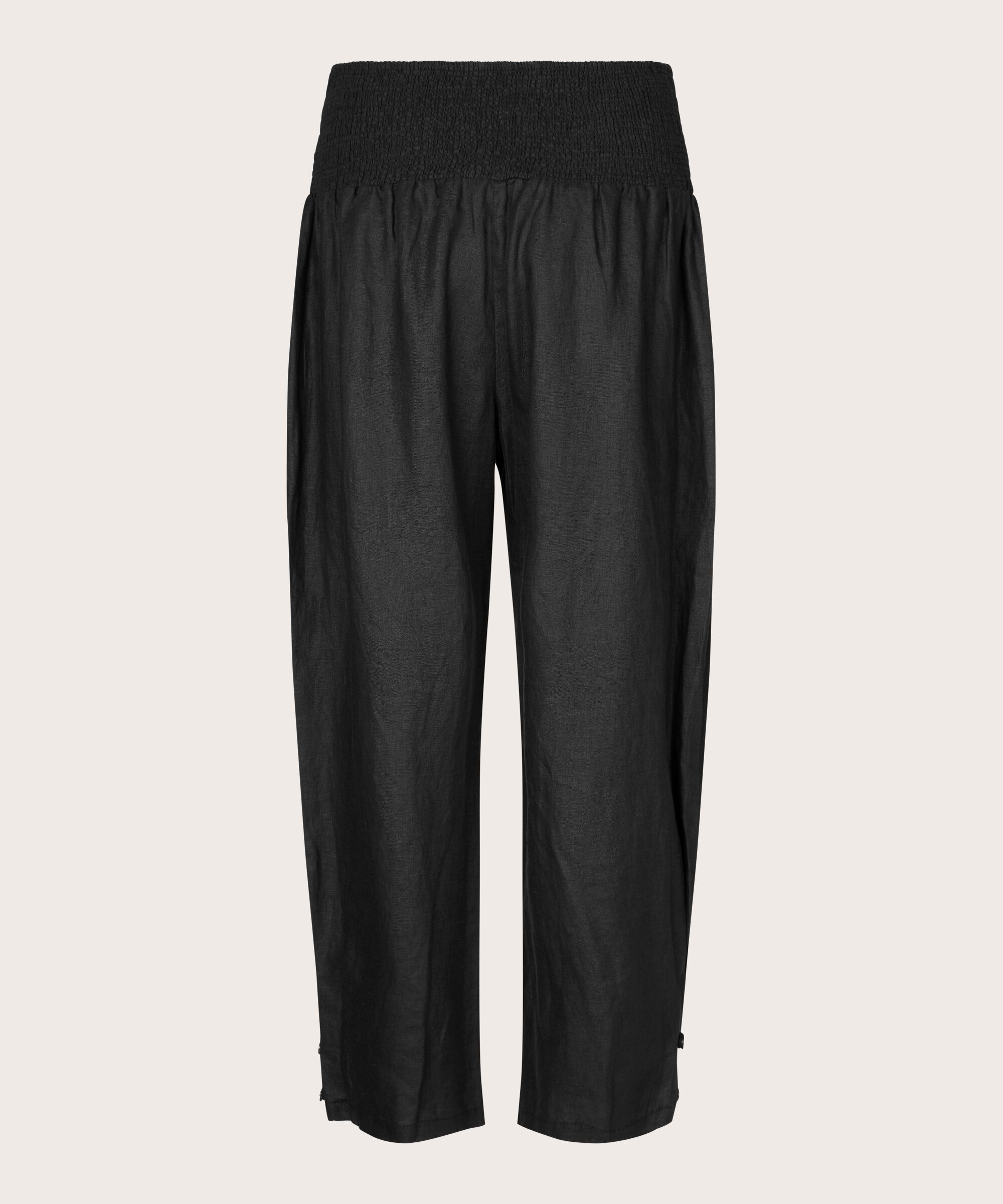 pantalon en lin avec large élastique smocké au dos et détail boutonné, Black