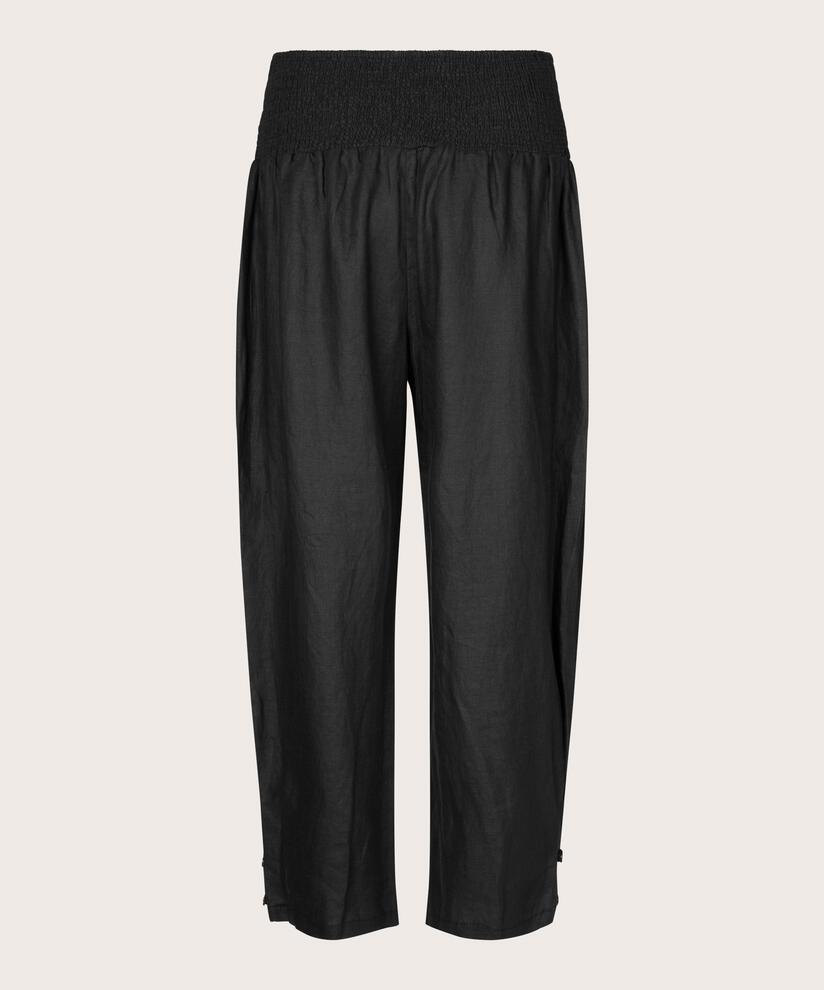 pantalon en lin avec large élastique smocké au dos et détail boutonné, Black