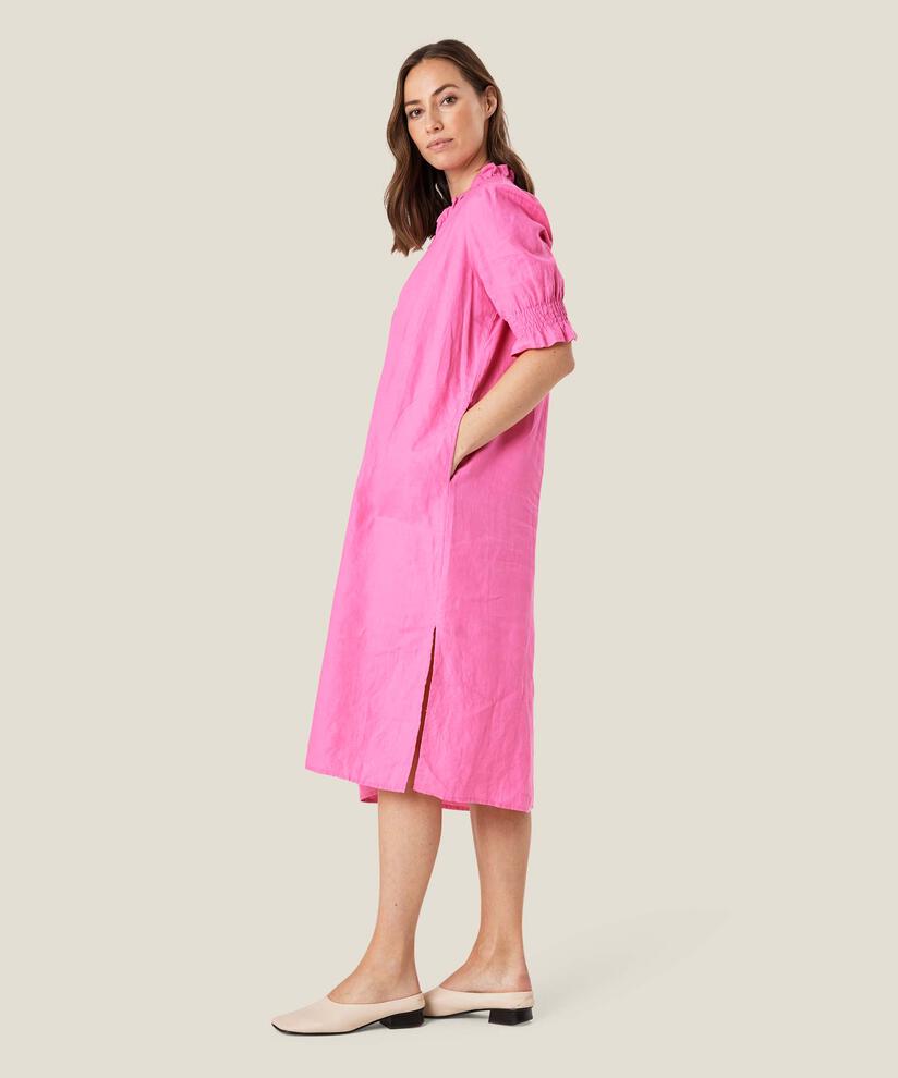 robe en lin à manches courtes et décolleté à volants, Azalea Pink