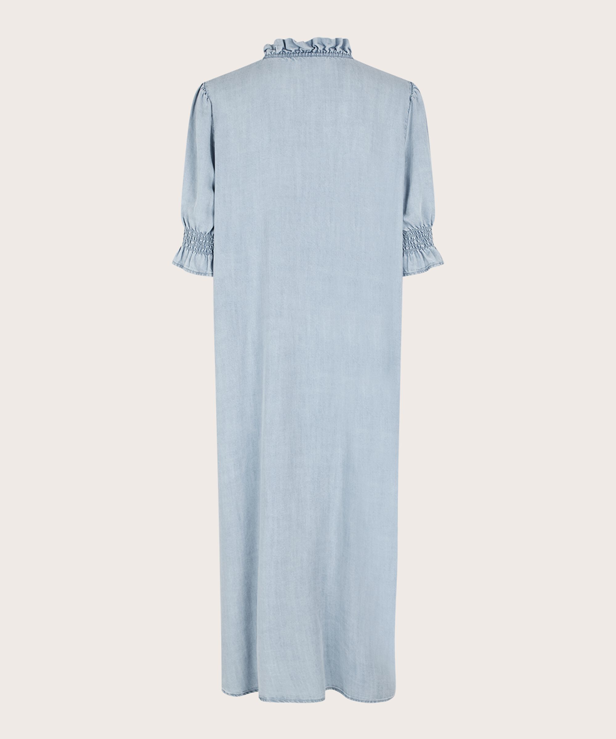 robe en jean avec volants au niveau du cou et poches fendues, Light Denim