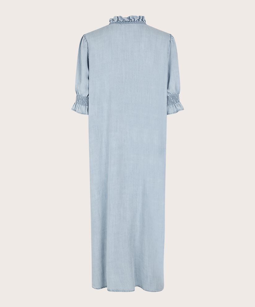 robe en jean avec volants au niveau du cou et poches fendues, Light Denim