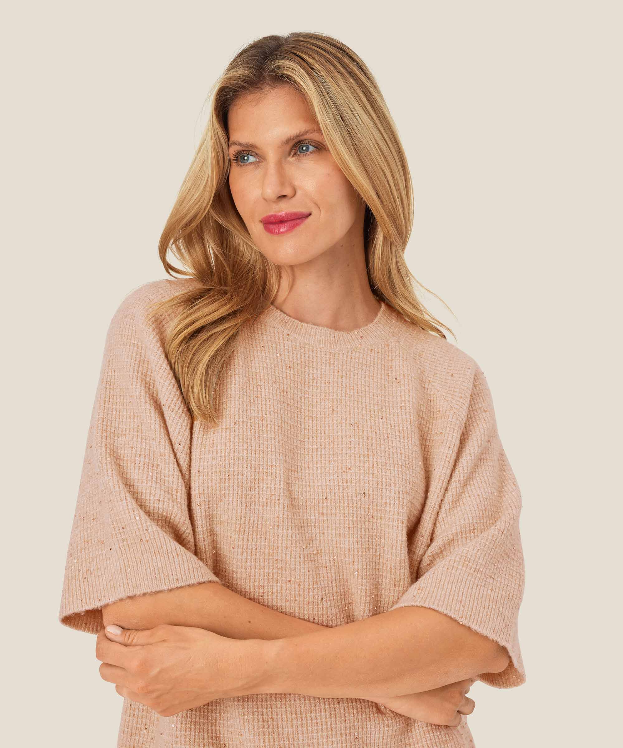 pull à manches courtes en laine mélangée avec paillettes, Bisquit