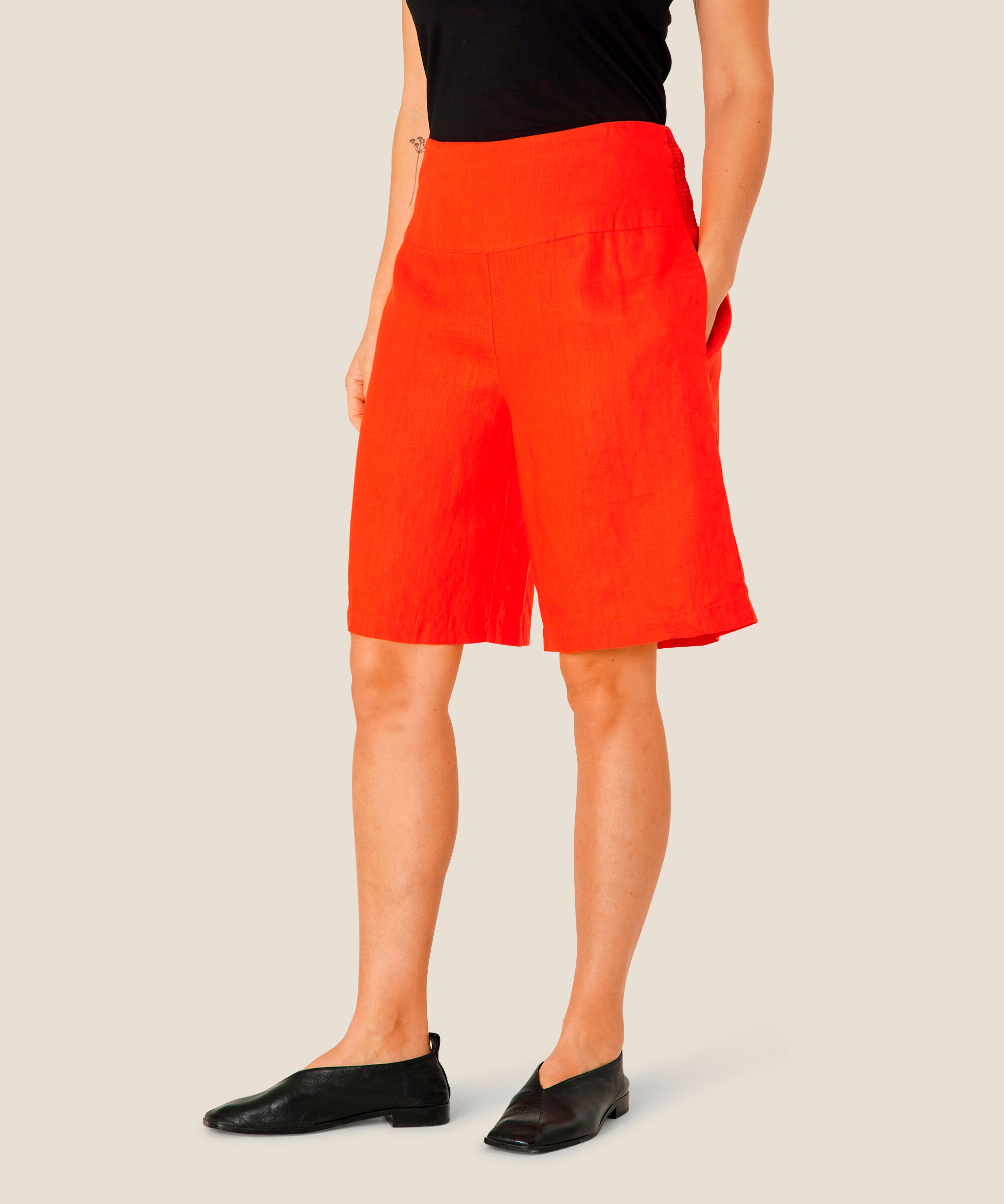 Short En Lin Avec Élastique Smocké Au Dos, Orange com