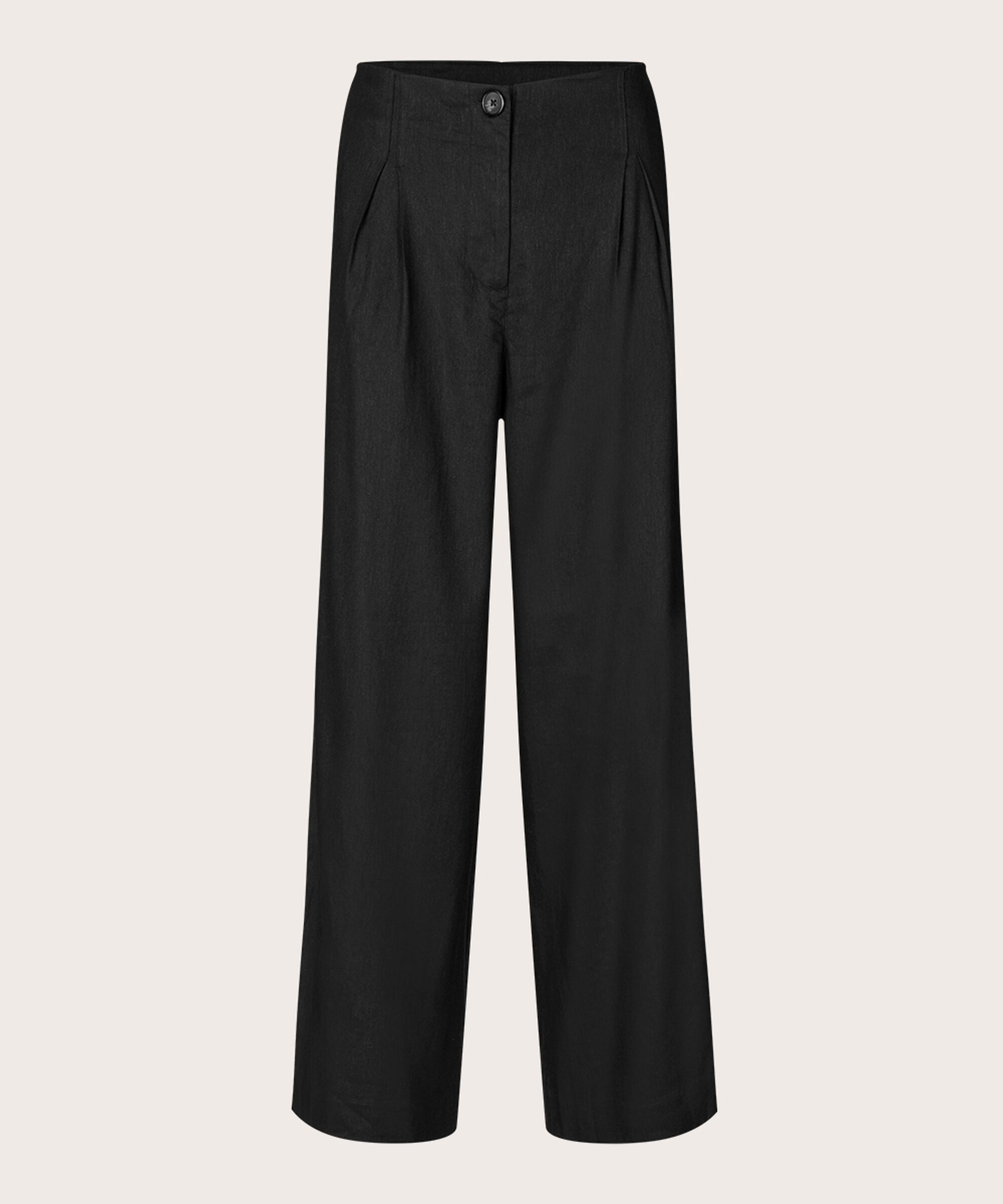 Pantalon en lin mélangé avec jambes larges et poches fendues, Black