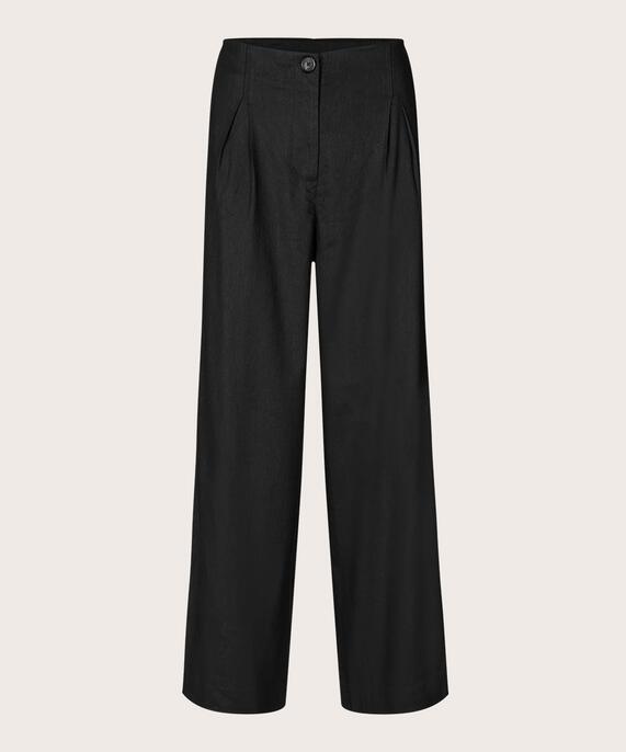 Pantalon en lin mélangé avec jambes larges et poches fendues, Black