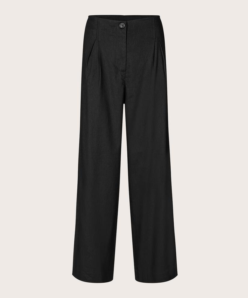 Pantalon en lin mélangé avec jambes larges et poches fendues, Black