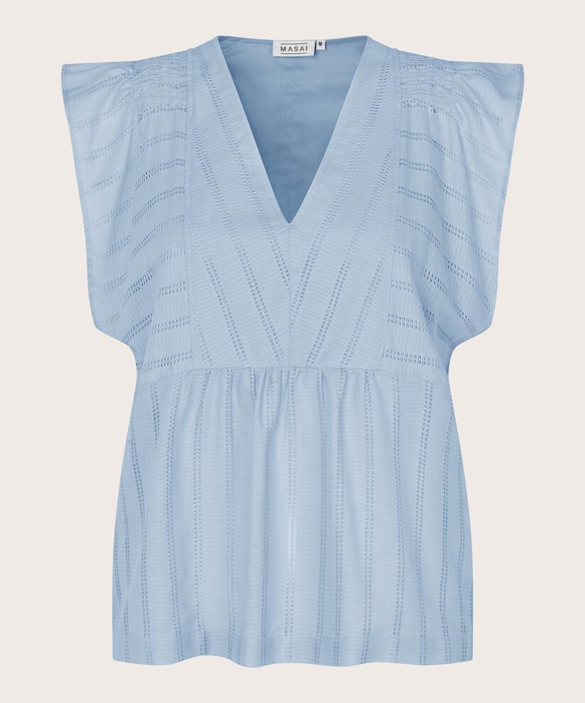 top en coton à motif creux avec col en V, Cel Blue