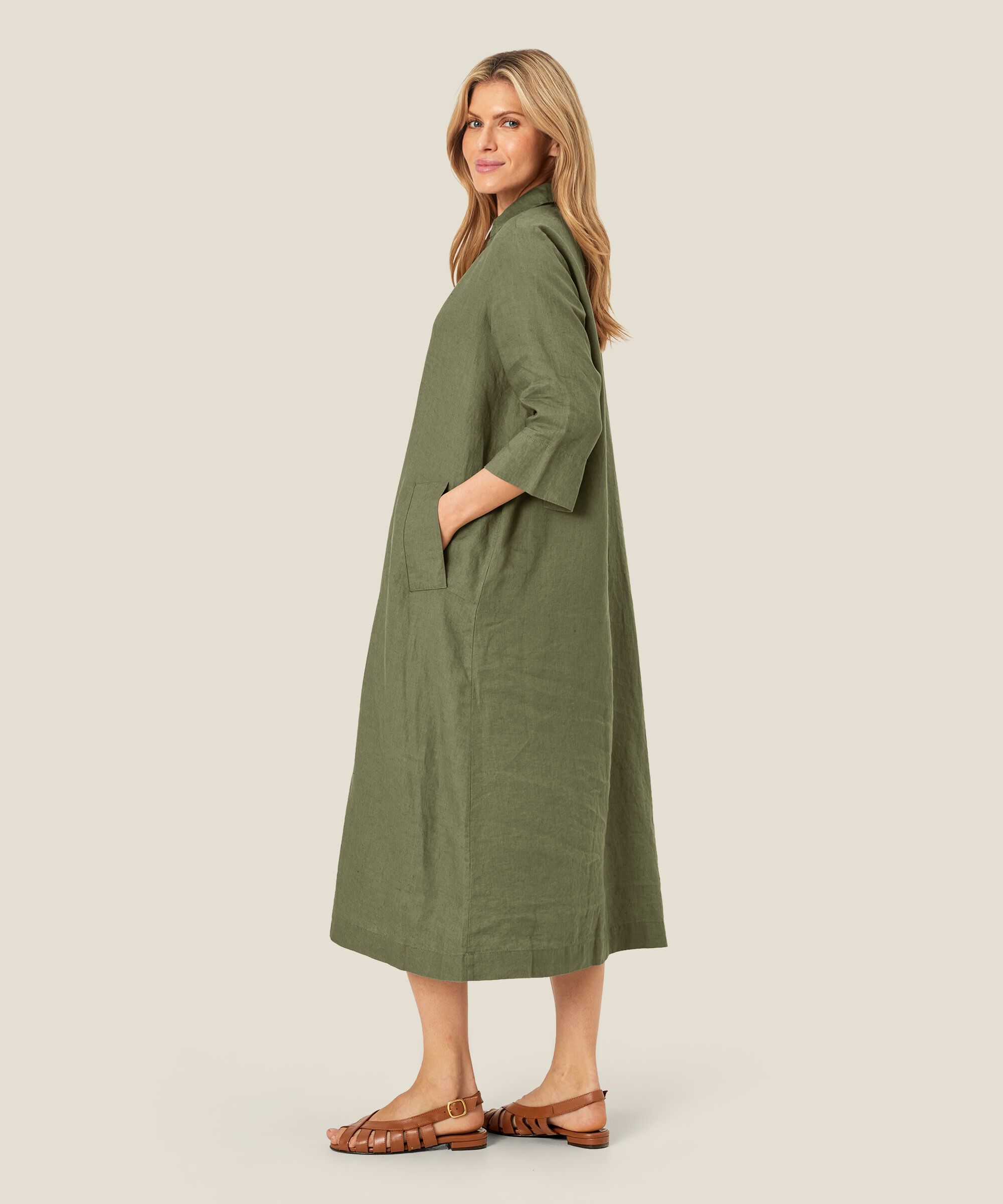 robe en lin avec col en V et poches, D. Lichen Green