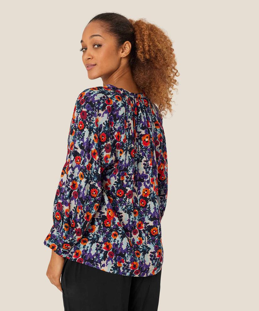 Top en viscose fleuri col V avec boutons, Meadow Violet