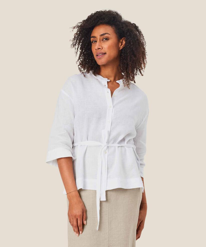 chemise en lin à manches trois-quarts et lien à la taille, White