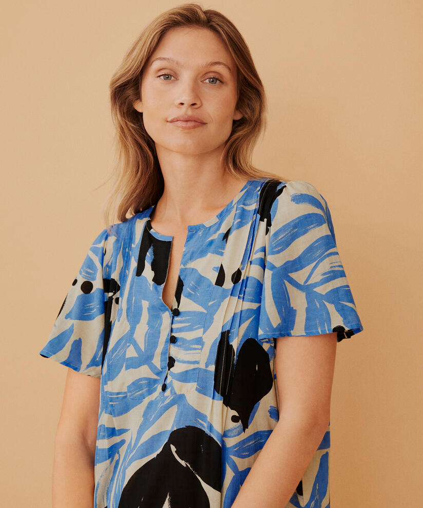 robe en coton mélangé imprimé à manches chauve-souris, Marina