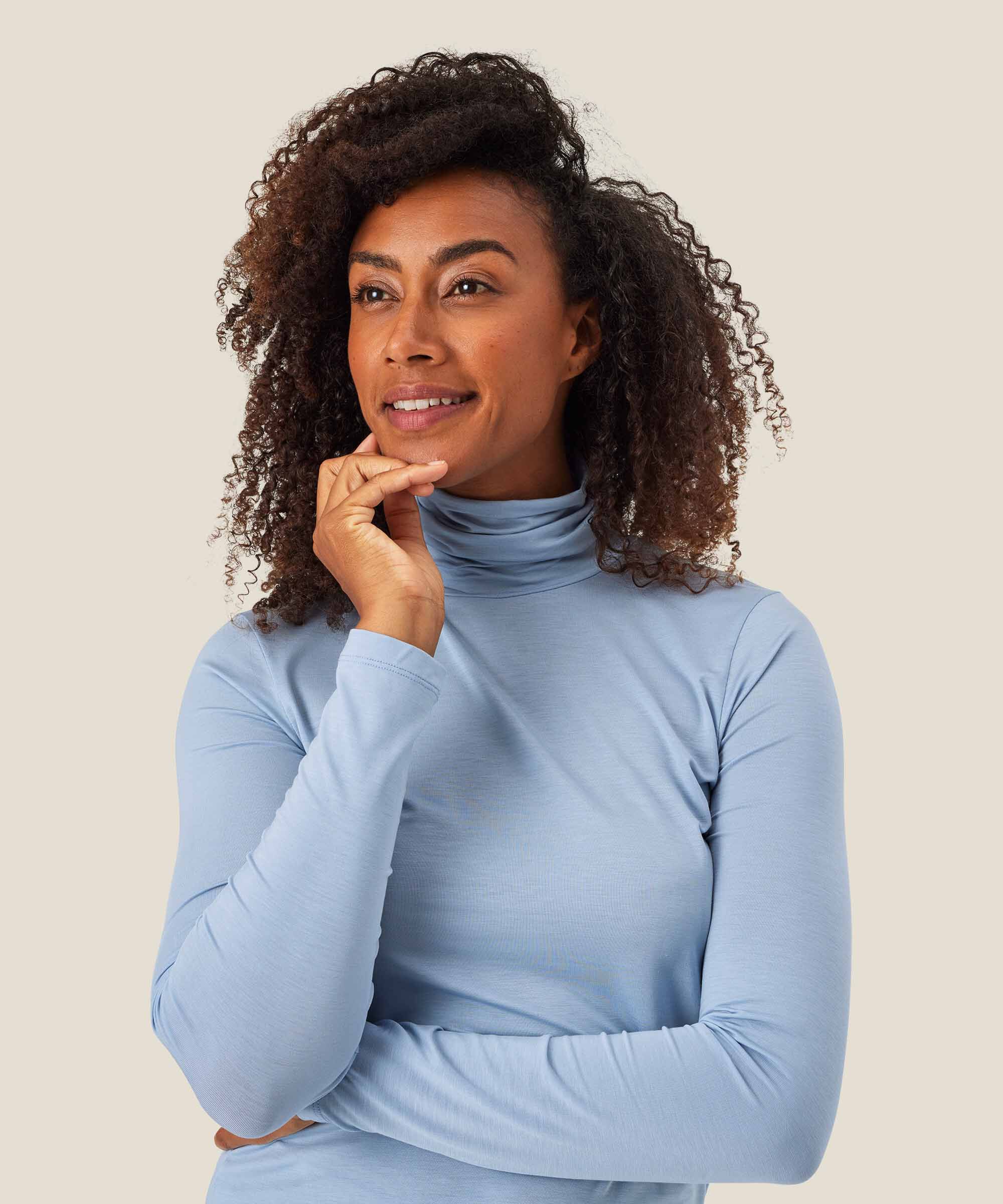 Blouse À Col Roulé En Jersey Doux, Blue Fog