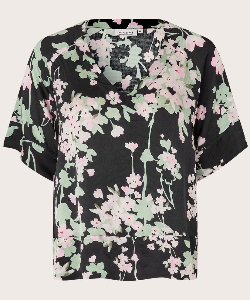 top fleuri en viscose à manches courtes, Pink Lady