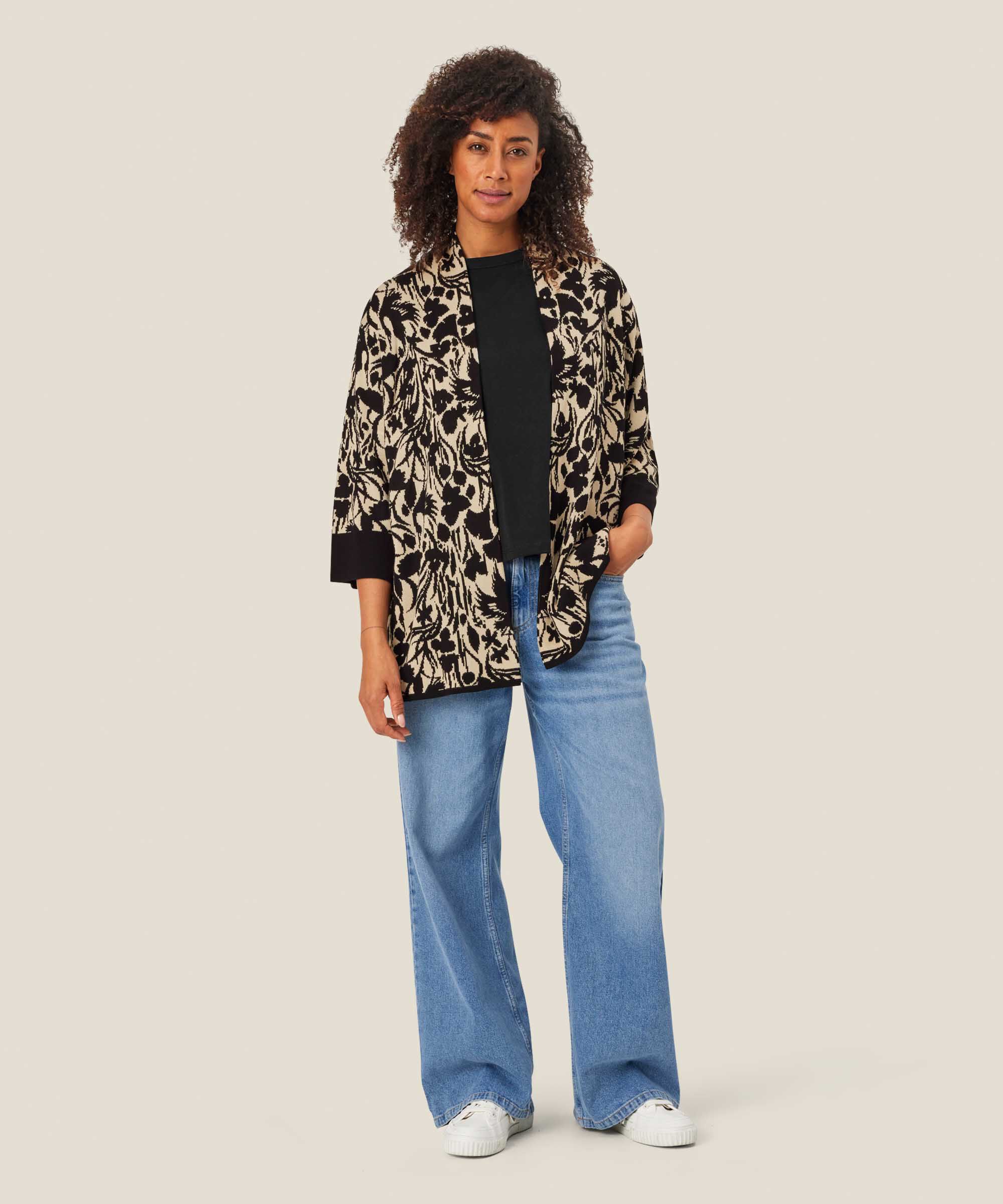 cardigan ouvert avec motif tricoté et bord contrasté, Black