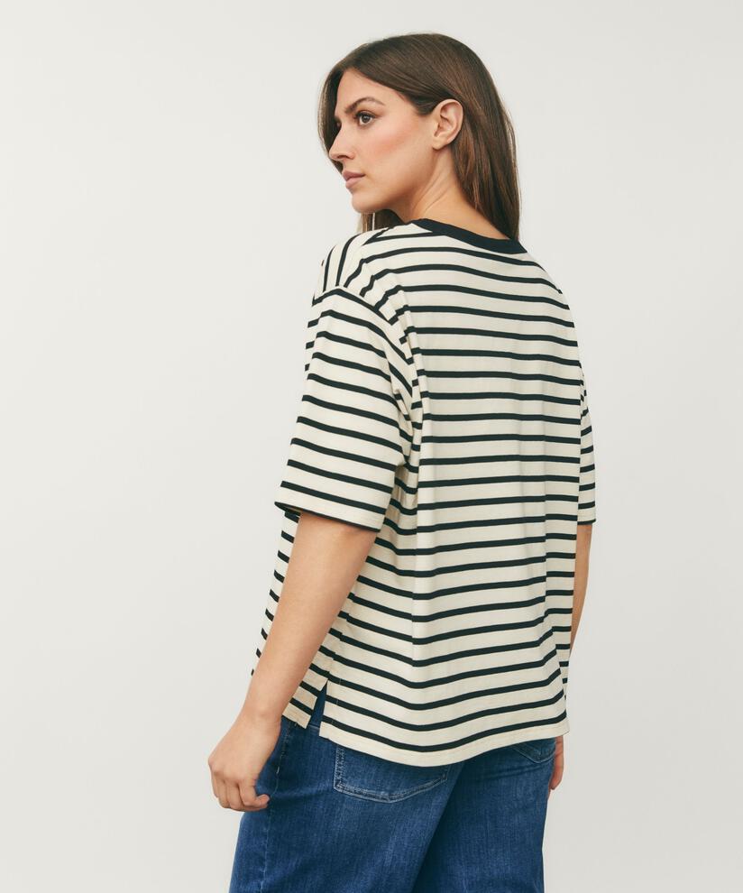 t-shirt rayé à col rond, Black