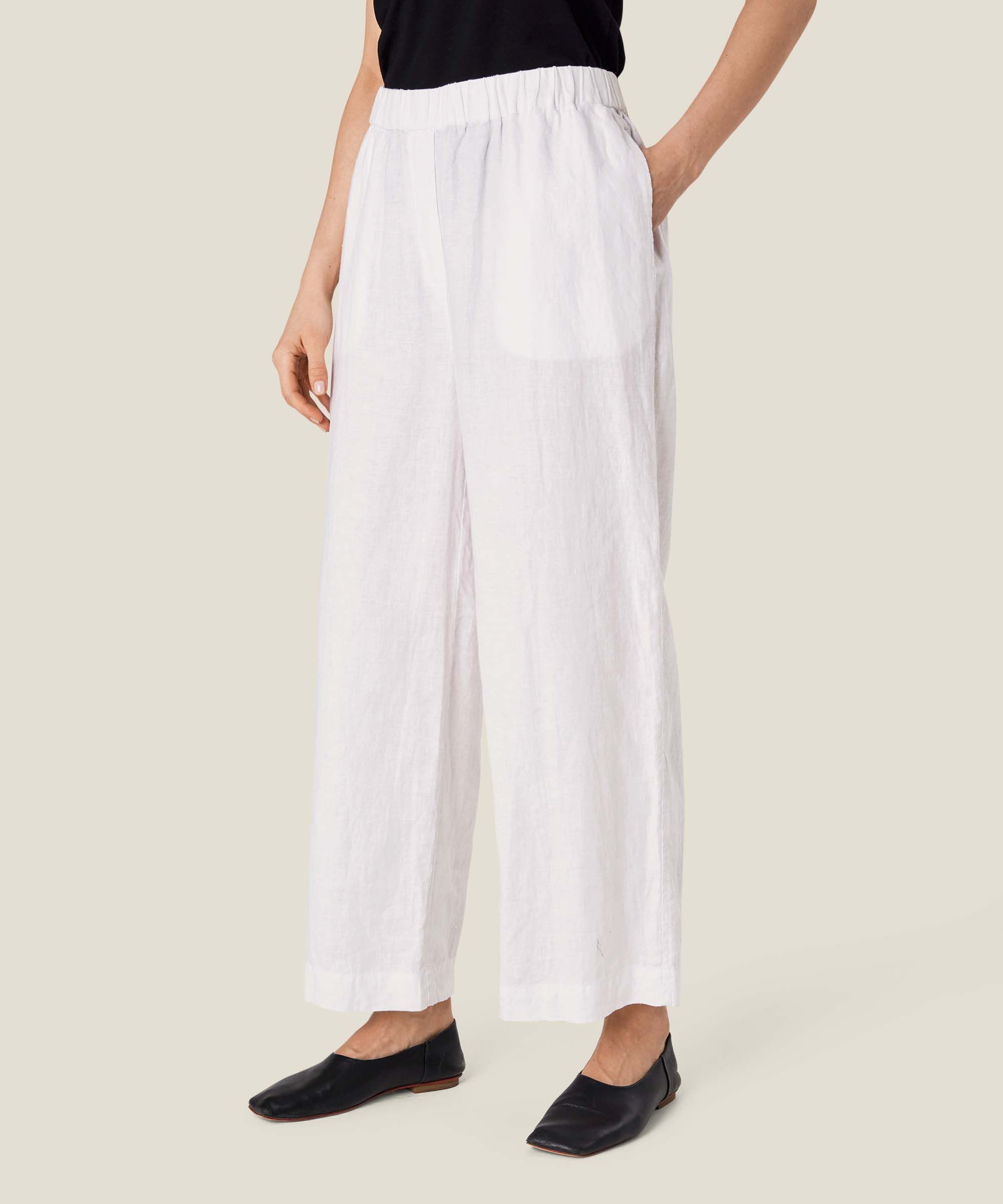 pantalon en lin à jambes larges et taille élastique, White