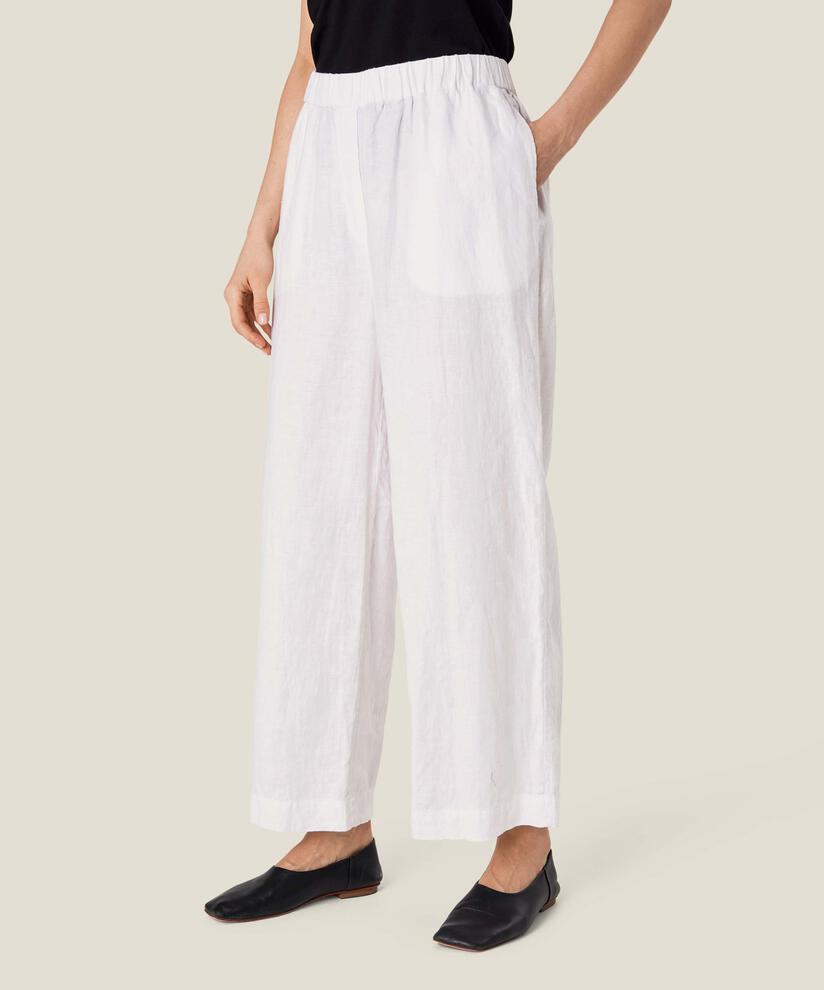 pantalon en lin à jambes larges et taille élastique, White