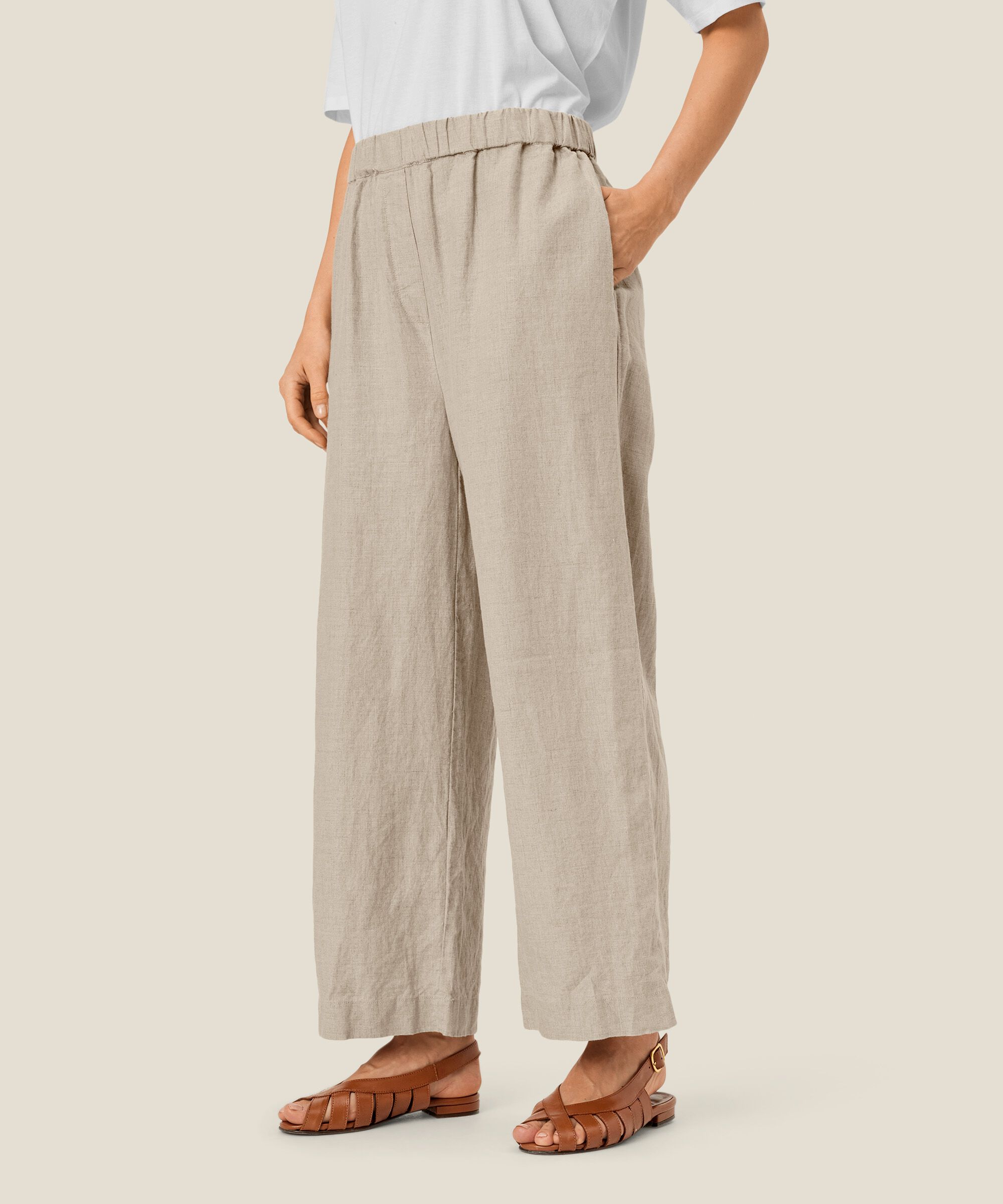 pantalon en lin à jambes larges et taille élastique, Natural
