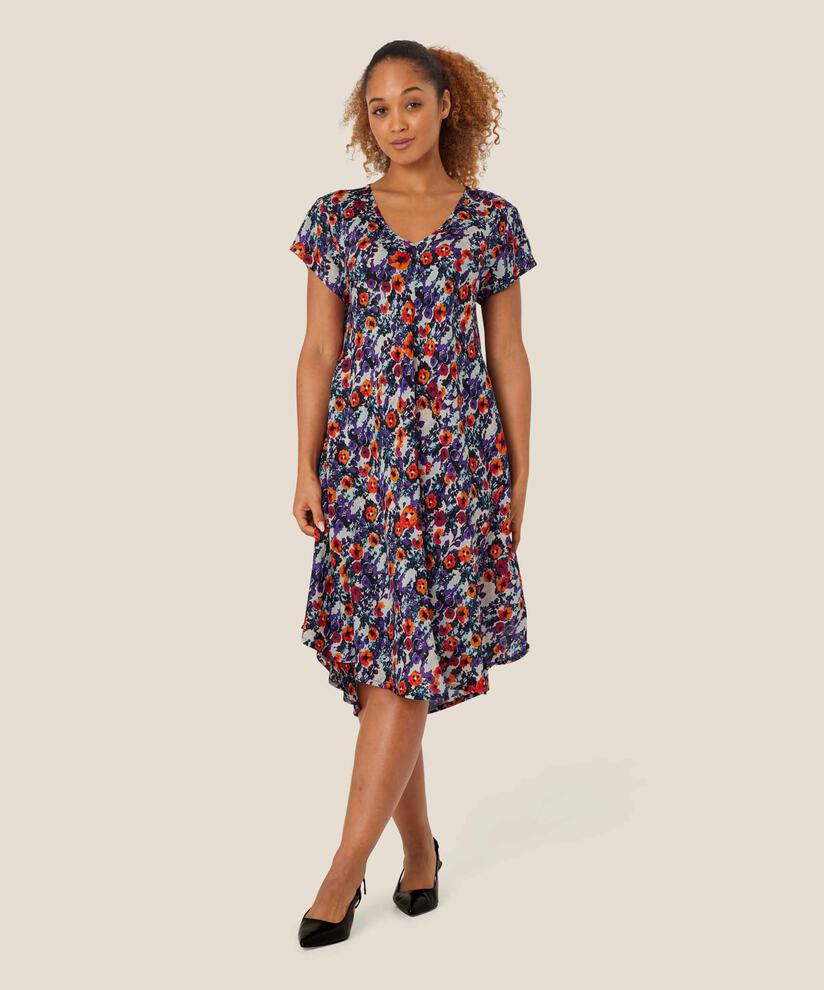 robe en viscose imprimée à col v, Meadow Violet