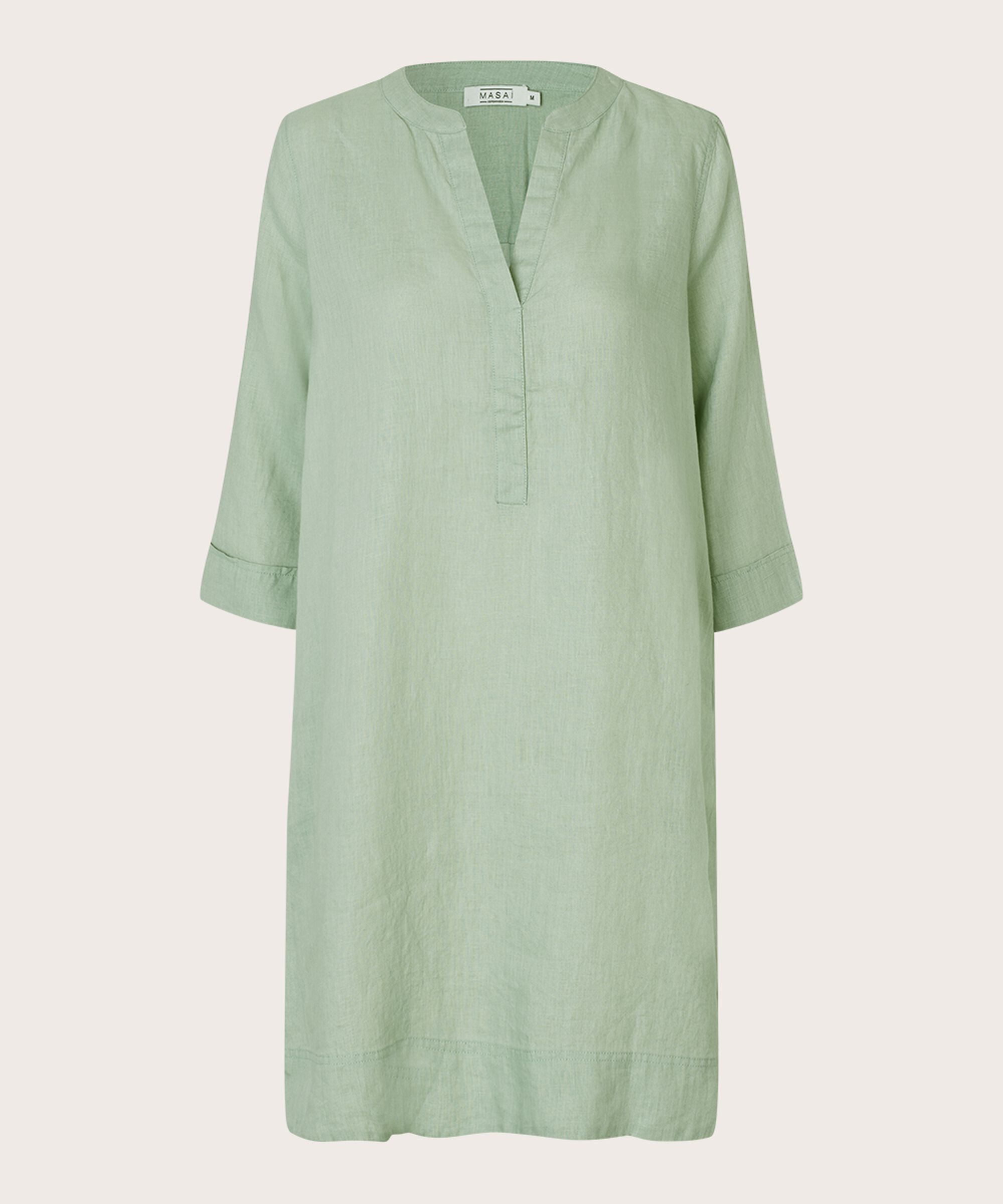 robe en lin avec col en V et poches fendues, Frosty Green