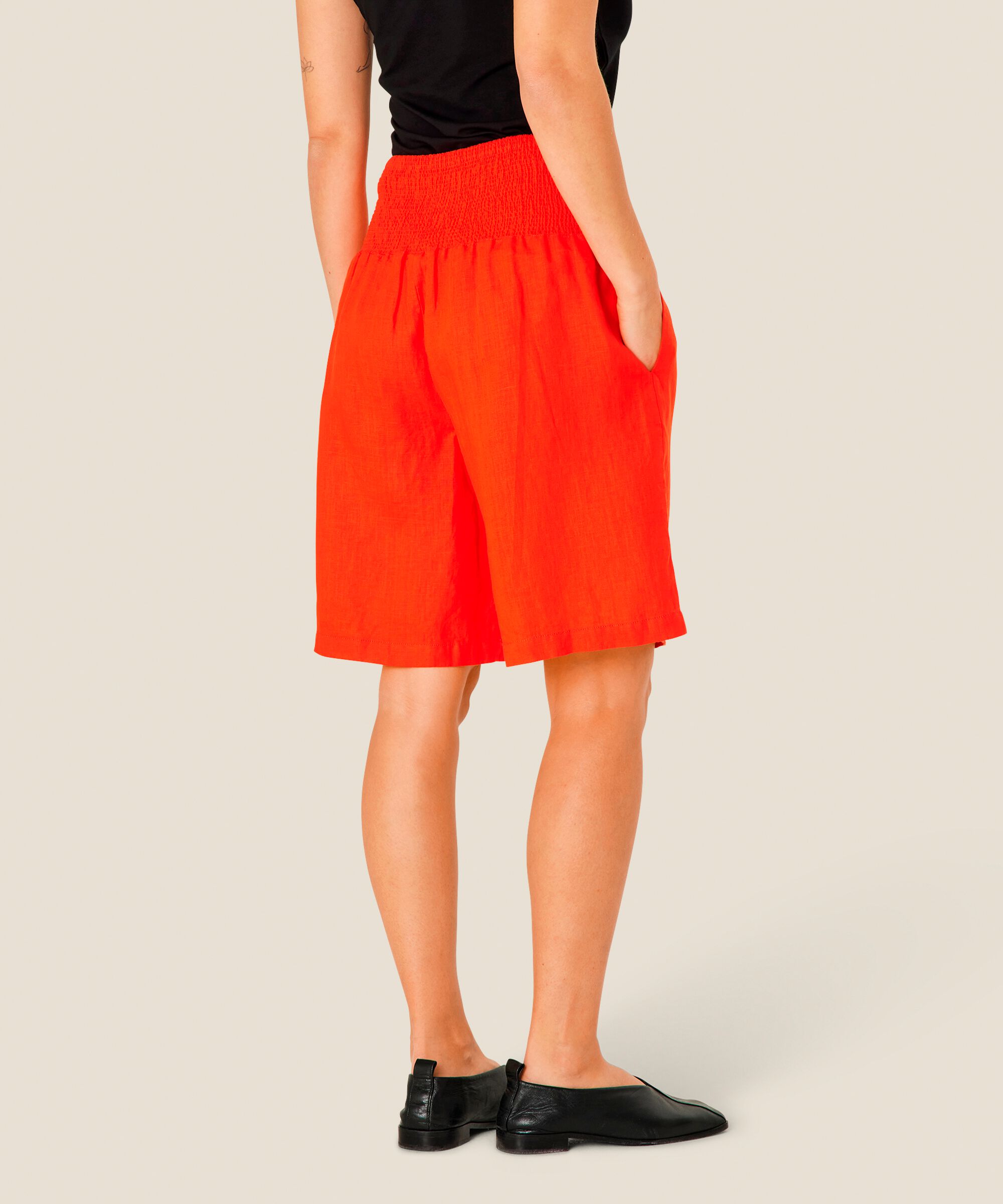 Short En Lin Avec Élastique Smocké Au Dos, Orange com