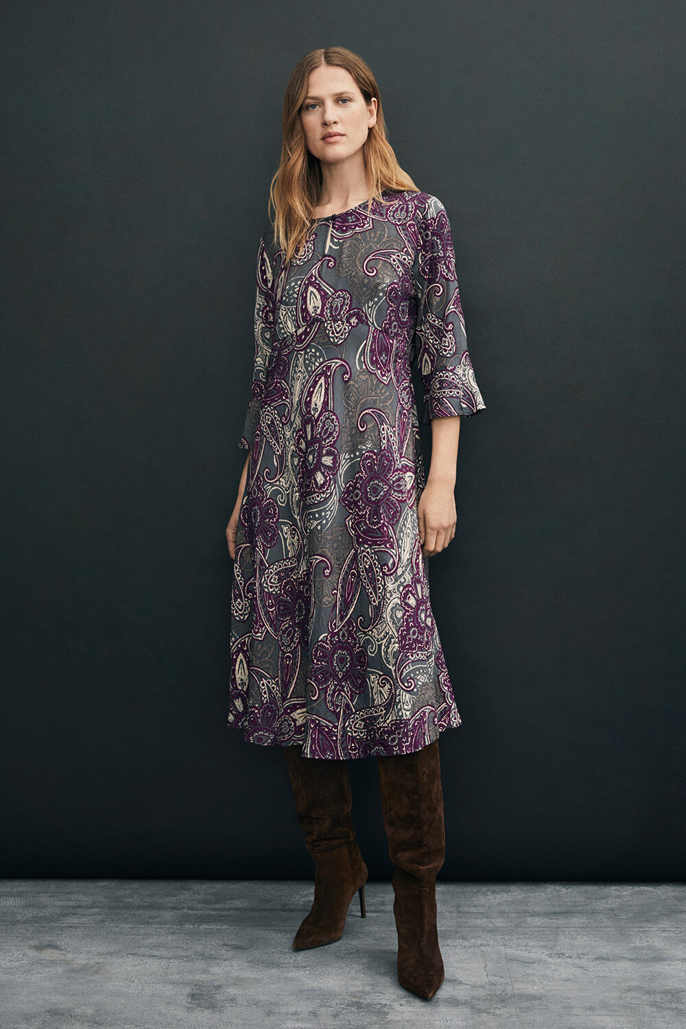 Robe en viscose &agrave; motif cachemire et manches 3/4 - Gloxinia