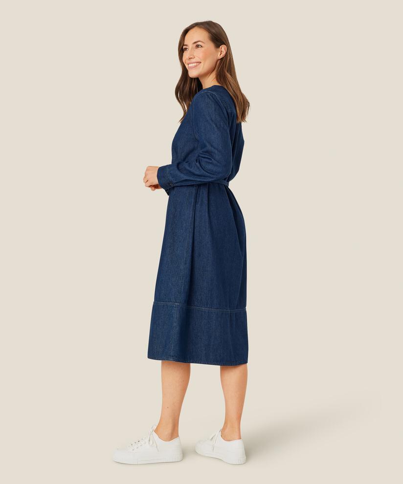 robe en jean avec col en V et ceinture, Dark Denim