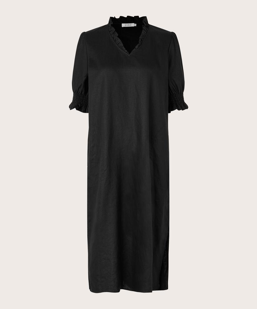 robe en lin à manches courtes et décolleté à volants, Black